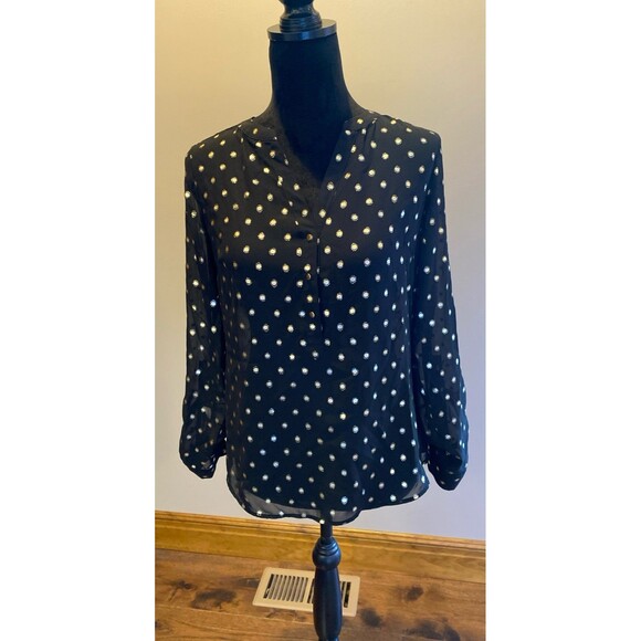 The Limited Sheer Blouse Top Size Small  Black w/ Gold Sparkle Dots  V Neck - Picture 3 of 12